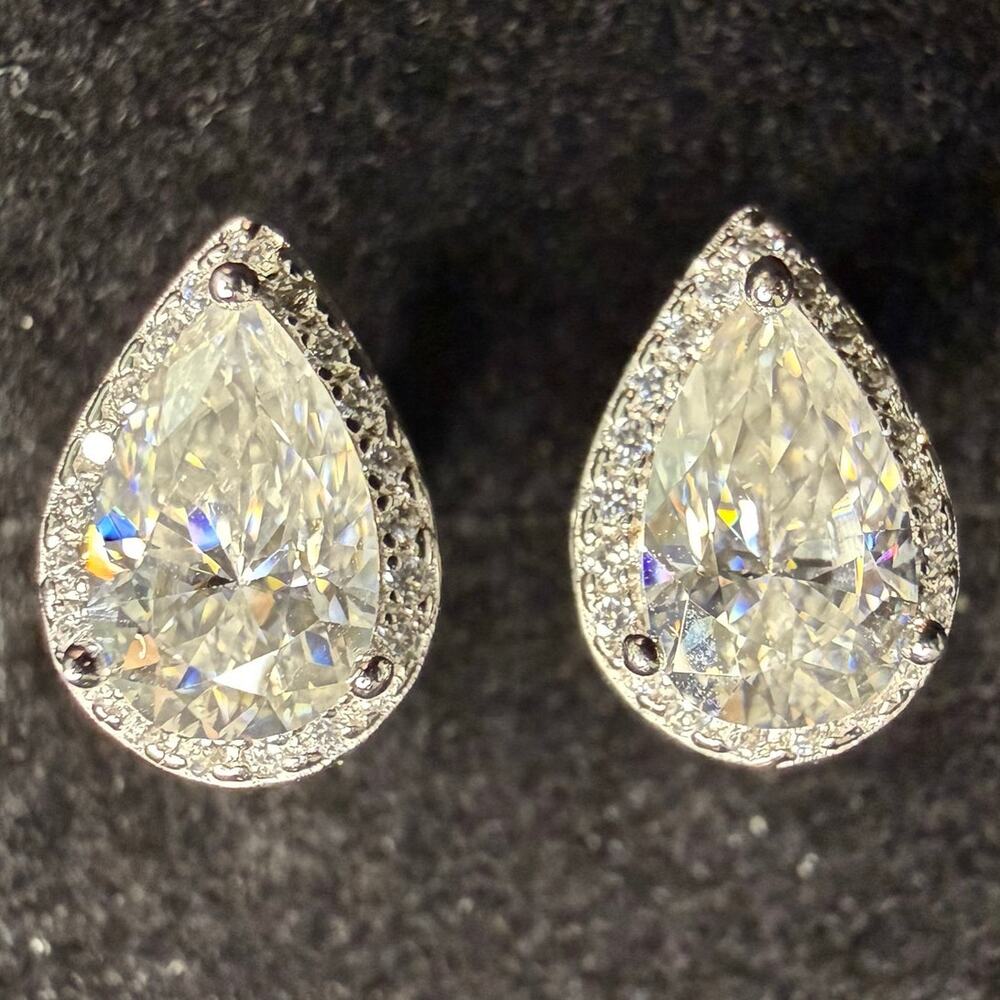 Solid 925 Sterling Silver Moissanite Tear Drop Push Back Earrings 7.5mm